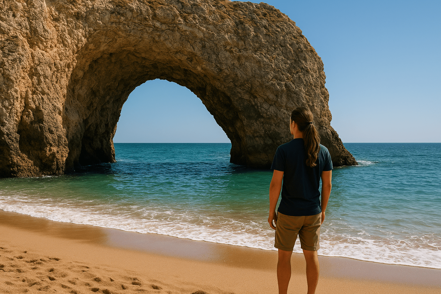 Mężczyzna na brzegiem morza patrzący na jaskinie przez którą prześwituje morze